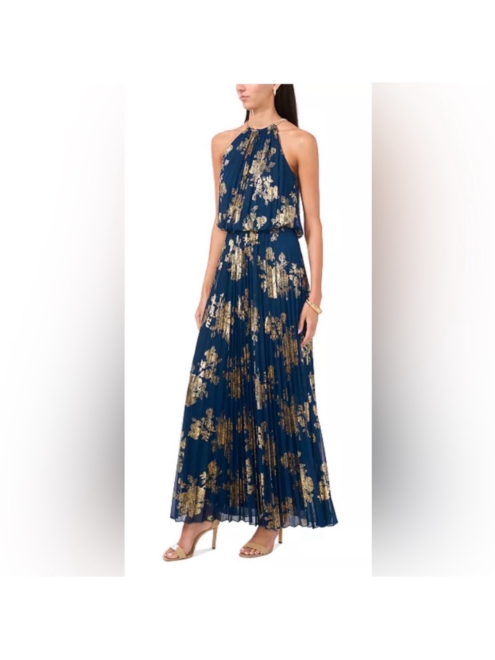 MSK Navy Halter Maxi Dress with Gold Floral Accents
